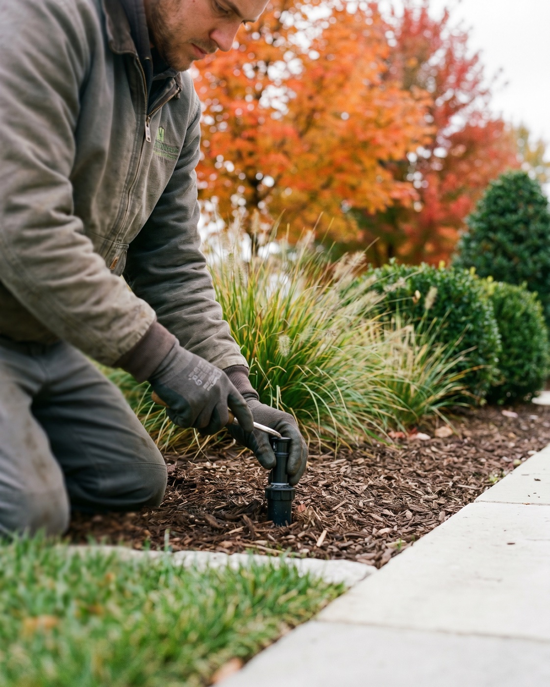ManageMowed technician inspecting irrigation in a commercial planting bed with fall maple color in Plymouth