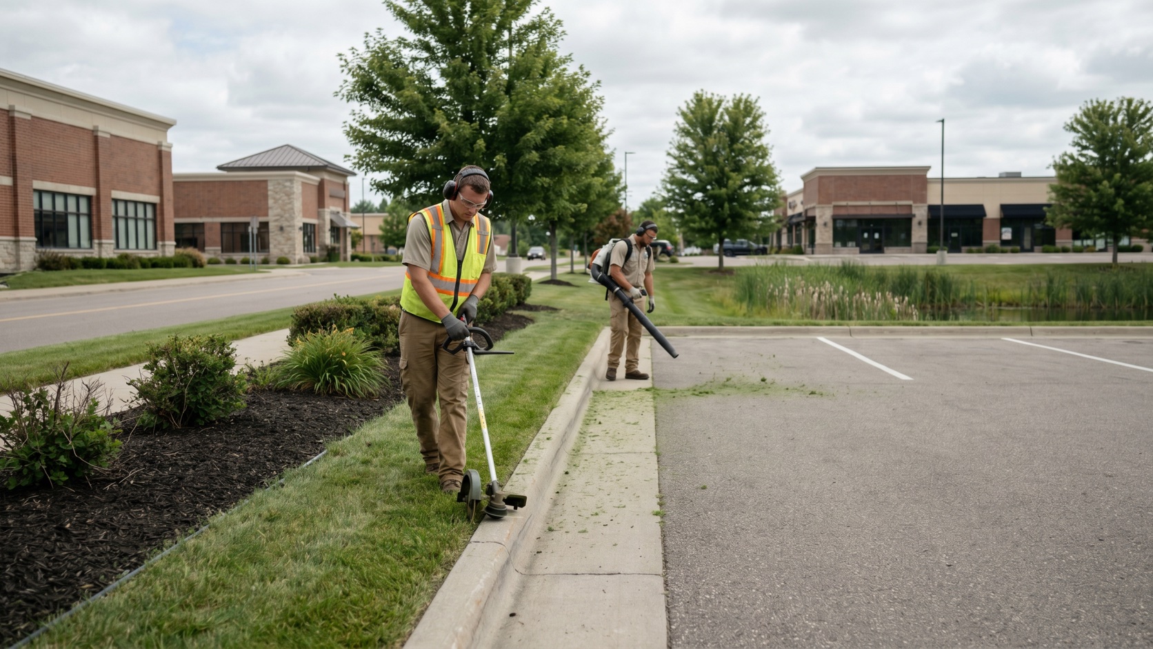 ManageMowed crew edging and clearing walkways at a Highway 55 commercial property in Plymouth