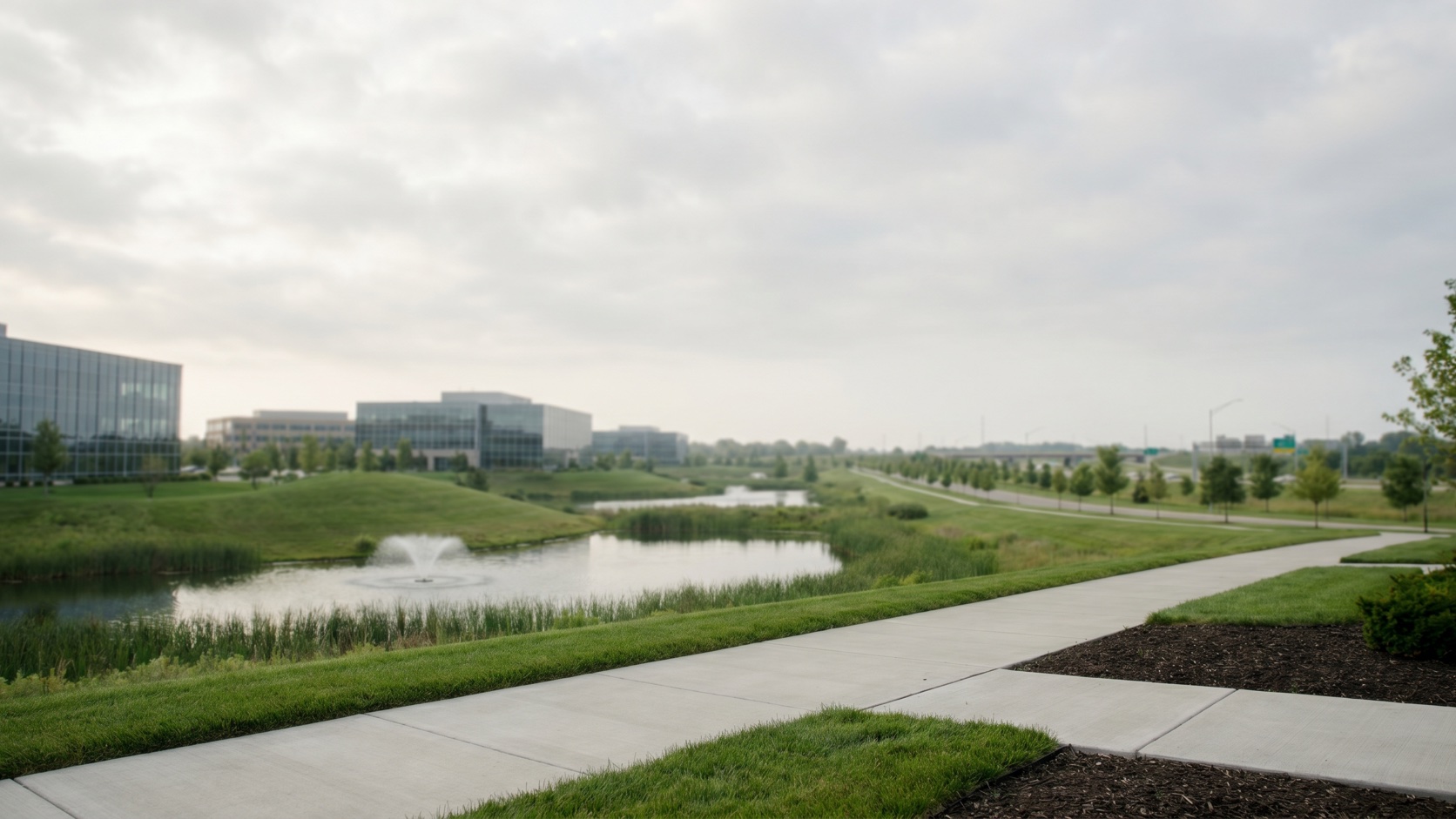 Elevated late-afternoon view of a west-metro office corridor with ponds, wetlands, and tree-lined parkways near I-494