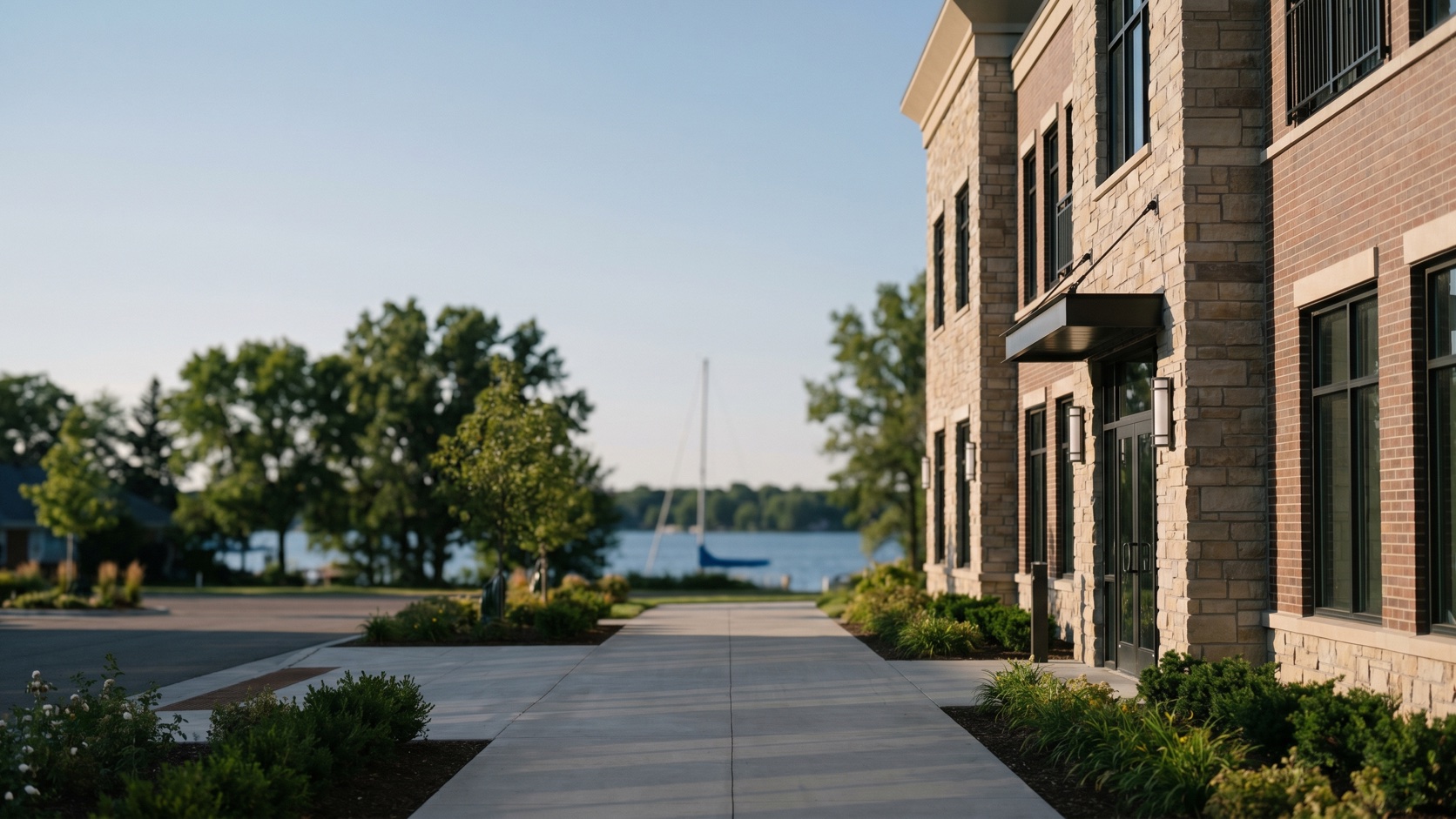 Polished brick and glass commercial office exterior with manicured landscaping in the Plymouth area at golden hour
